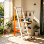GROVIA Aluminium Alloy 8-Step Folding Ladder - Wide Anti-Slip Steps, 1.6m Height for Home Use - White & Orange