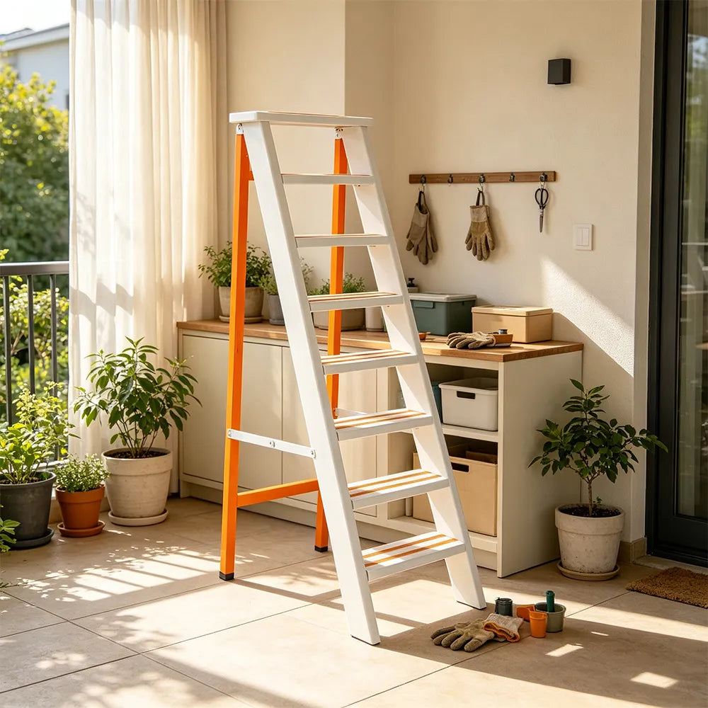 GROVIA Aluminium Alloy 8-Step Folding Ladder - Wide Anti-Slip Steps, 1.6m Height for Home Use - White & Orange