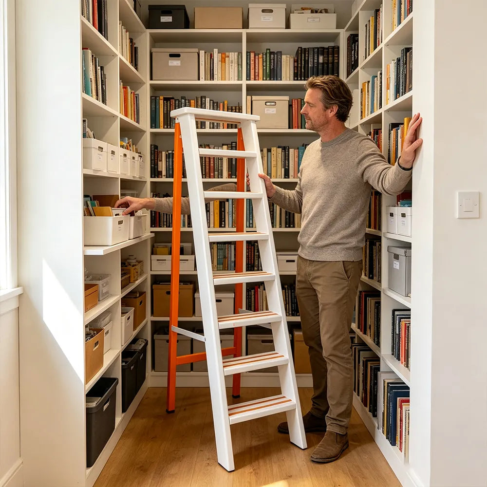 GROVIA Aluminium Alloy 8-Step Folding Ladder - Wide Anti-Slip Steps, 1.6m Height for Home Use - White & Orange