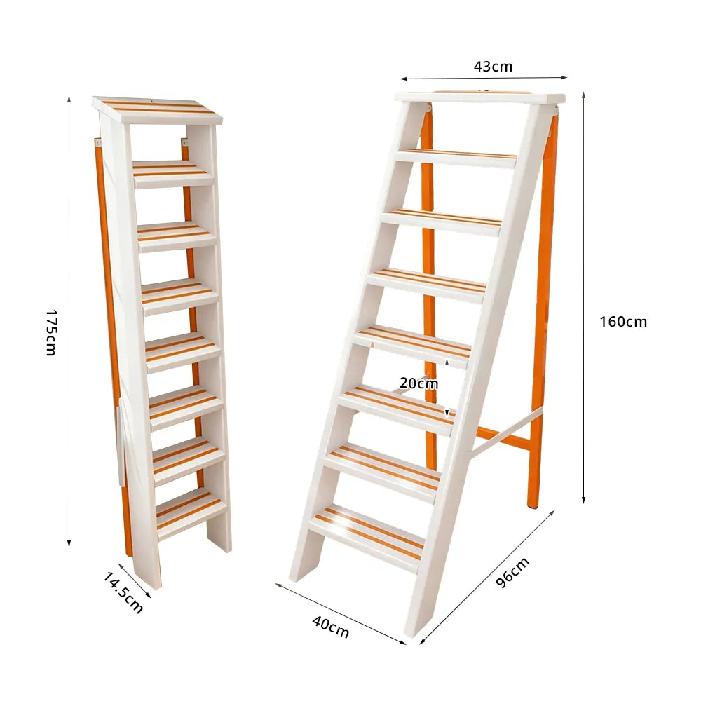 GROVIA Aluminium Alloy 8-Step Folding Ladder - Wide Anti-Slip Steps, 1.6m Height for Home Use - White & Orange