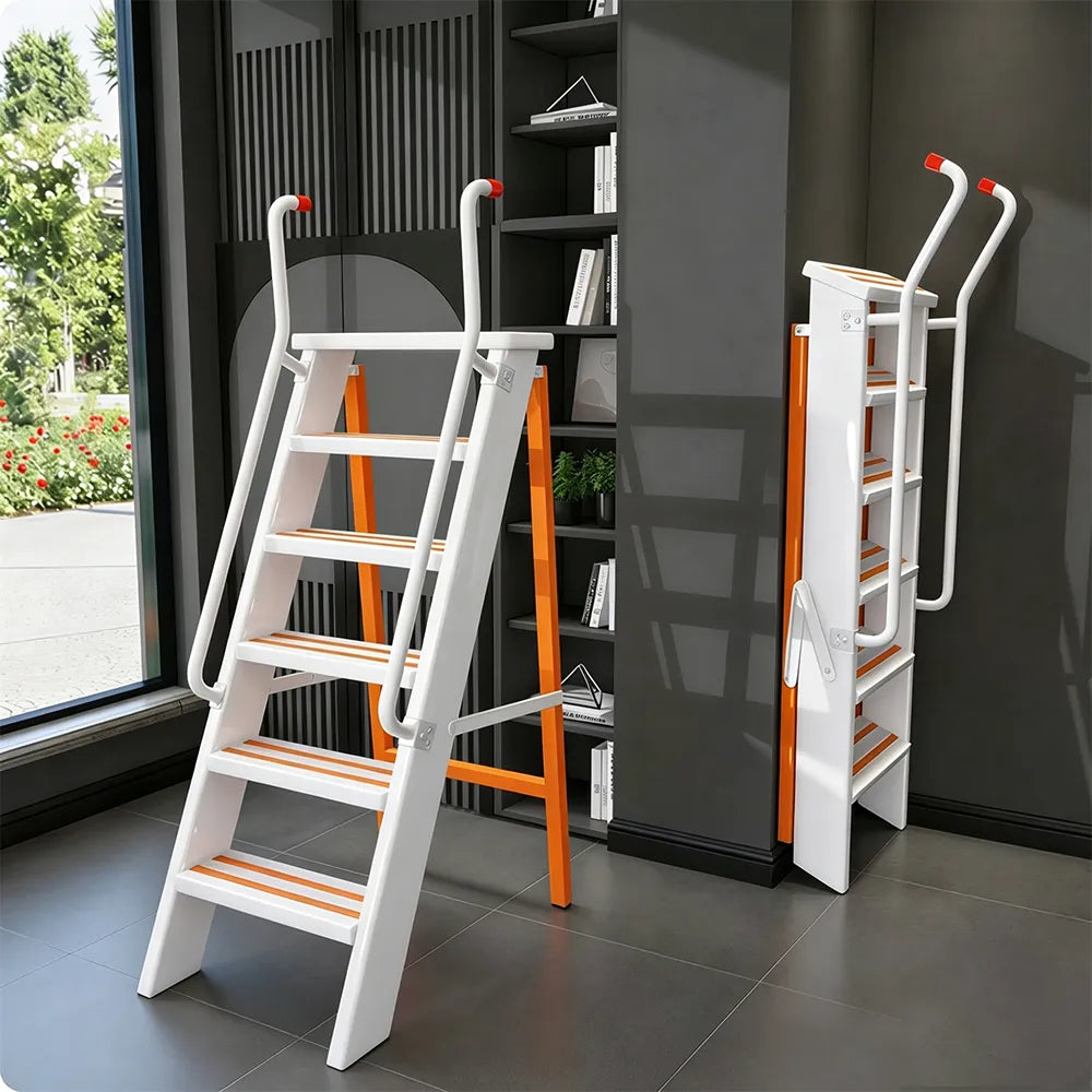 GROVIA Aluminium Alloy 6-Step Folding Ladder - Safety Handrail & Wide Anti-Slip Steps, 1.2m Height for Home Use - White & Orange