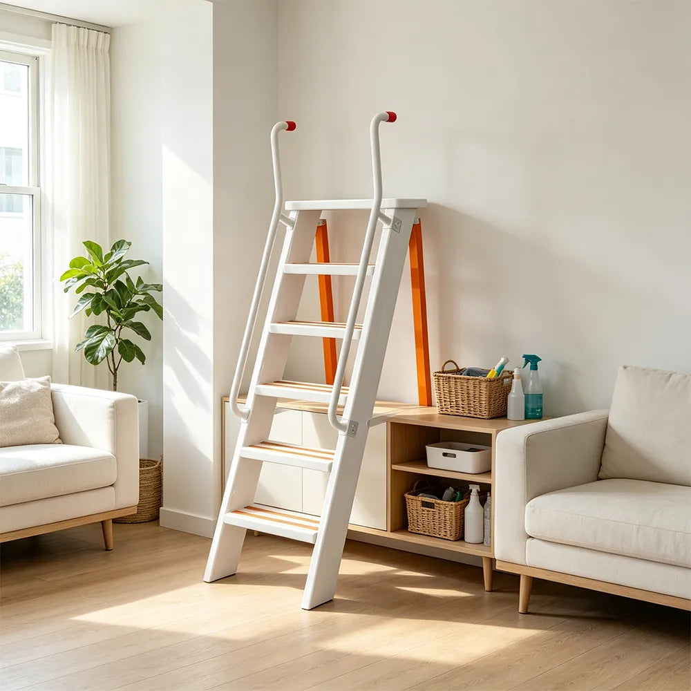 GROVIA Aluminium Alloy 6-Step Folding Ladder - Safety Handrail & Wide Anti-Slip Steps, 1.2m Height for Home Use - White & Orange