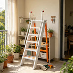 GROVIA Aluminium Alloy 6-Step Folding Ladder - Safety Handrail & Wide Anti-Slip Steps, 1.2m Height for Home Use - White & Orange