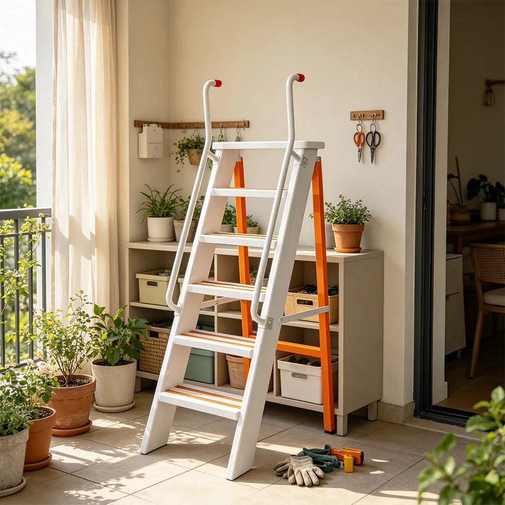 GROVIA Aluminium Alloy 6-Step Folding Ladder - Safety Handrail & Wide Anti-Slip Steps, 1.2m Height for Home Use - White & Orange