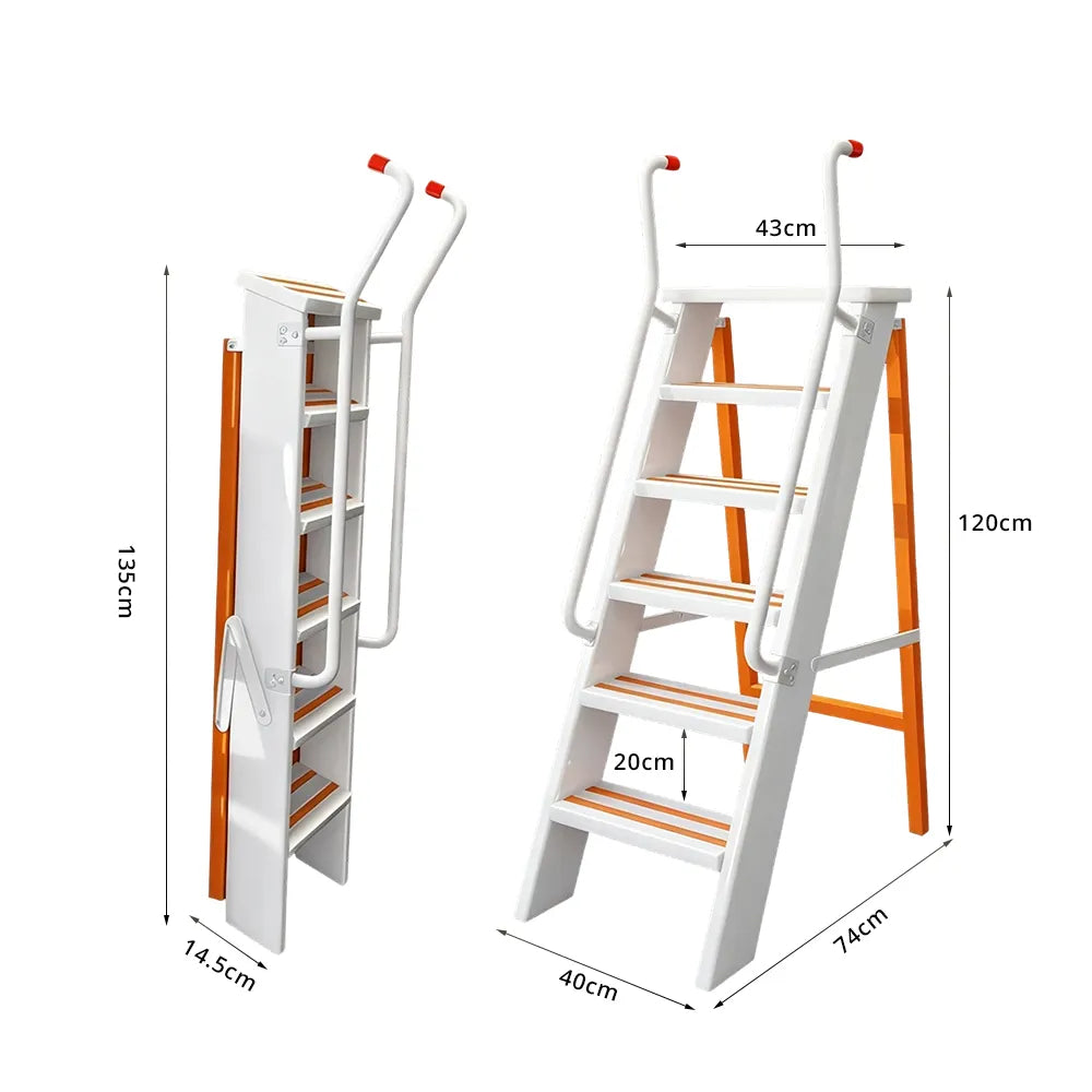 GROVIA Aluminium Alloy 6-Step Folding Ladder - Safety Handrail & Wide Anti-Slip Steps, 1.2m Height for Home Use - White & Orange