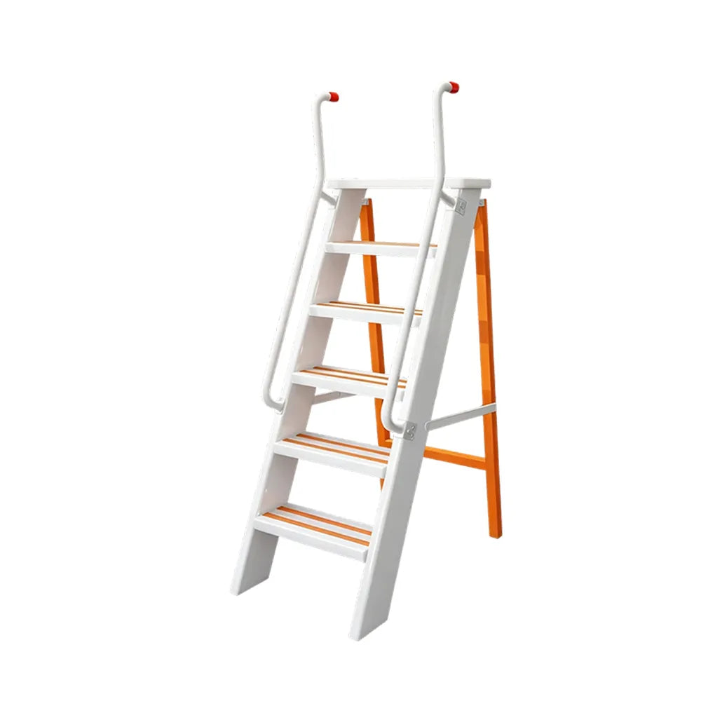 GROVIA Aluminium Alloy 6-Step Folding Ladder - Safety Handrail & Wide Anti-Slip Steps, 1.2m Height for Home Use - White & Orange