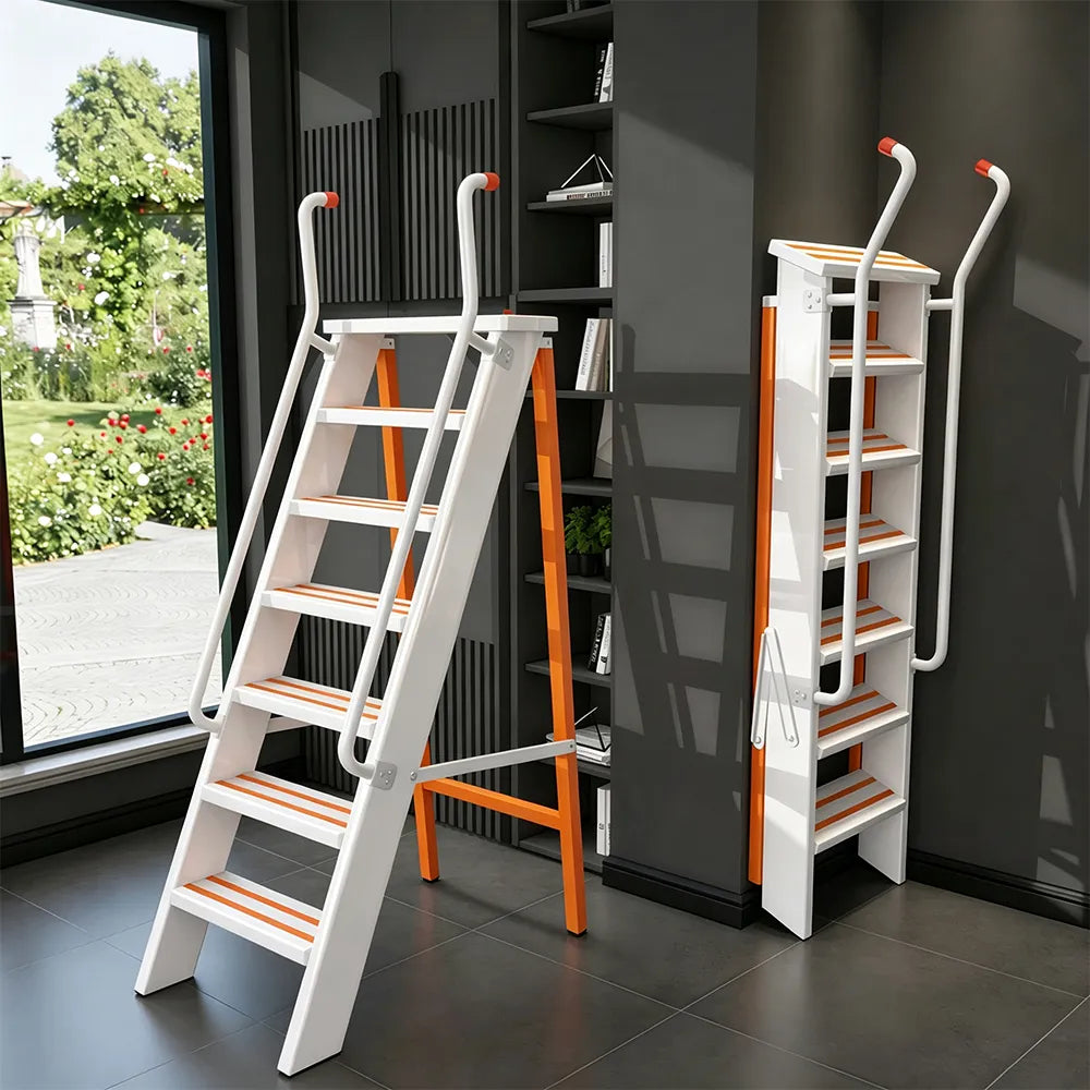 GROVIA Aluminium Alloy 7-Step Folding Ladder - Safety Handrail & Wide Anti-Slip Steps, 1.4m Height for Home Use - White & Orange