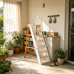 GROVIA Aluminium Alloy 7-Step Folding Ladder - Safety Handrail & Wide Anti-Slip Steps, 1.4m Height for Home Use - White & Orange