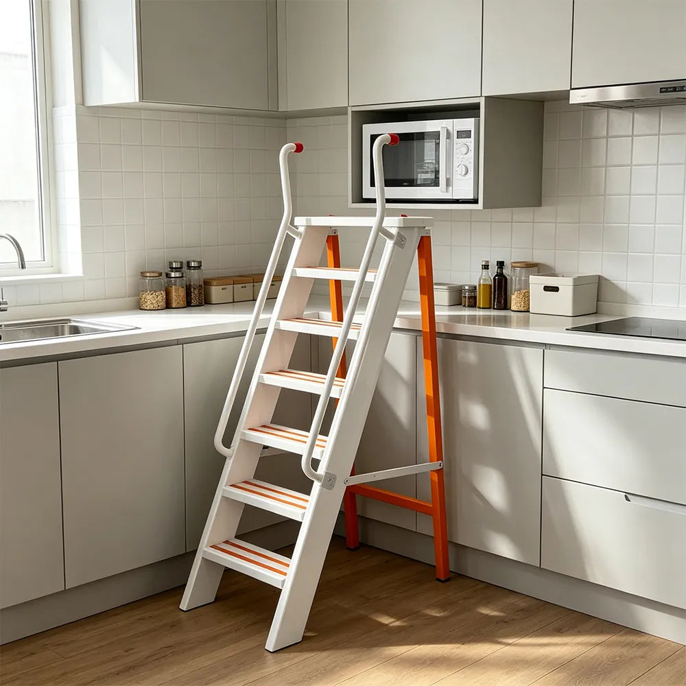 GROVIA Aluminium Alloy 7-Step Folding Ladder - Safety Handrail & Wide Anti-Slip Steps, 1.4m Height for Home Use - White & Orange