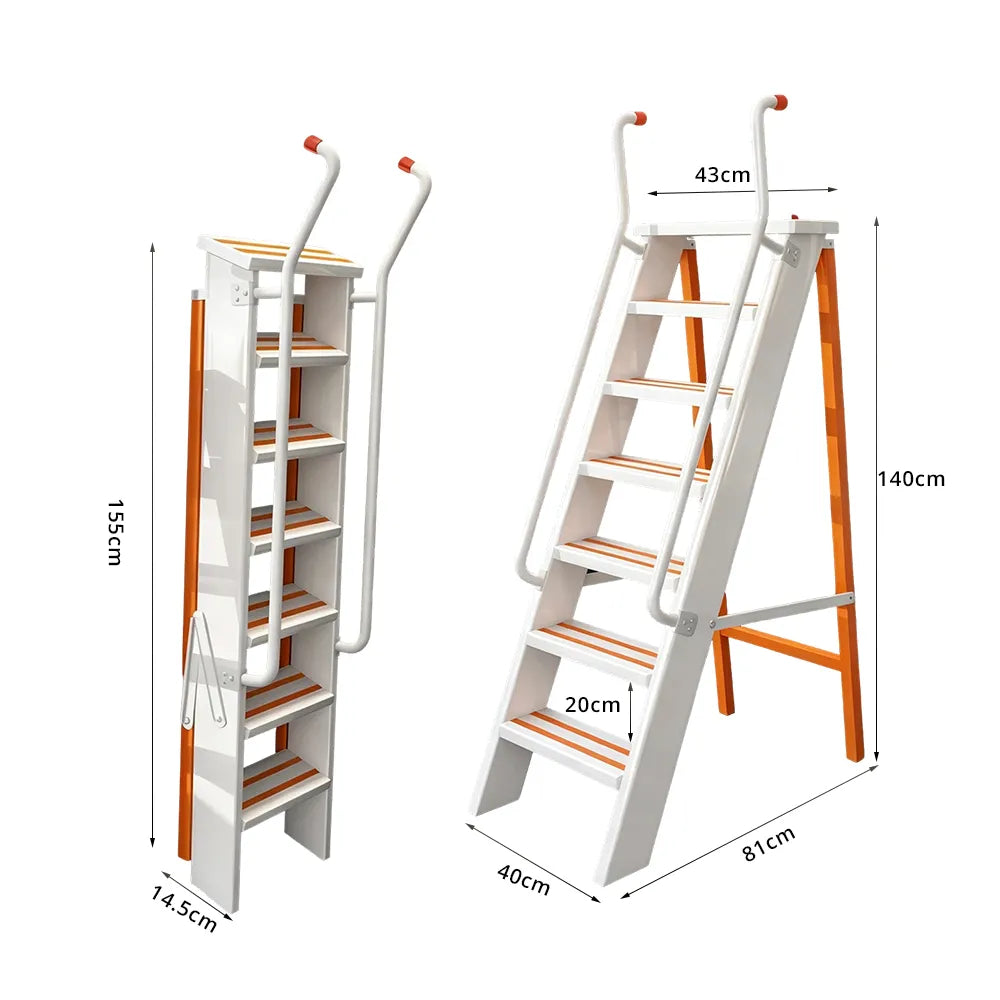 GROVIA Aluminium Alloy 7-Step Folding Ladder - Safety Handrail & Wide Anti-Slip Steps, 1.4m Height for Home Use - White & Orange
