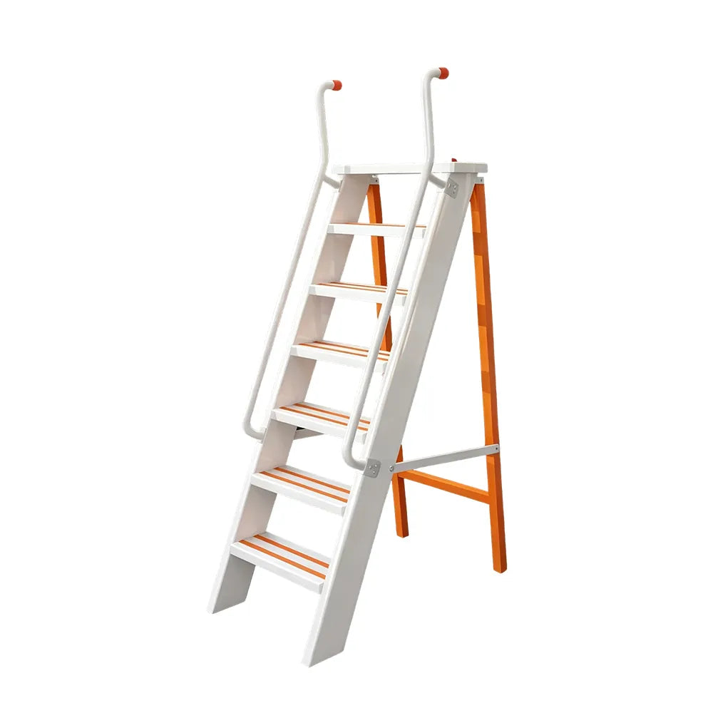 GROVIA Aluminium Alloy 7-Step Folding Ladder - Safety Handrail & Wide Anti-Slip Steps, 1.4m Height for Home Use - White & Orange