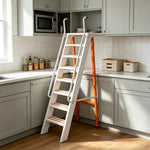 GROVIA Aluminium Alloy 8-Step Folding Ladder - Safety Handrail & Wide Anti-Slip Steps, 1.6m Height for Home Use - White & Orange