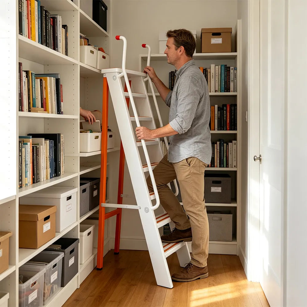 GROVIA Aluminium Alloy 8-Step Folding Ladder - Safety Handrail & Wide Anti-Slip Steps, 1.6m Height for Home Use - White & Orange