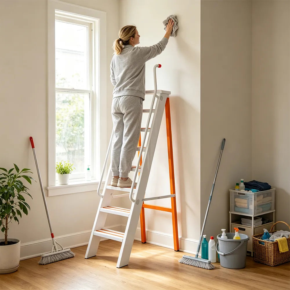 GROVIA Aluminium Alloy 8-Step Folding Ladder - Safety Handrail & Wide Anti-Slip Steps, 1.6m Height for Home Use - White & Orange