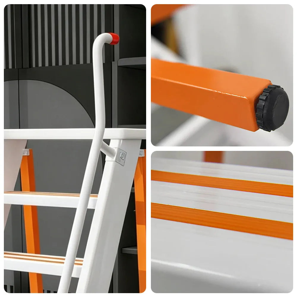 GROVIA Aluminium Alloy 8-Step Folding Ladder - Safety Handrail & Wide Anti-Slip Steps, 1.6m Height for Home Use - White & Orange
