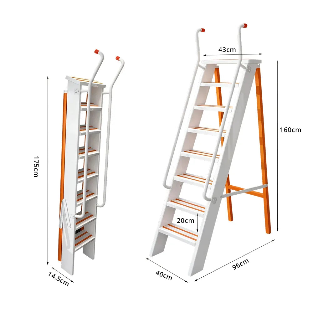 GROVIA Aluminium Alloy 8-Step Folding Ladder - Safety Handrail & Wide Anti-Slip Steps, 1.6m Height for Home Use - White & Orange