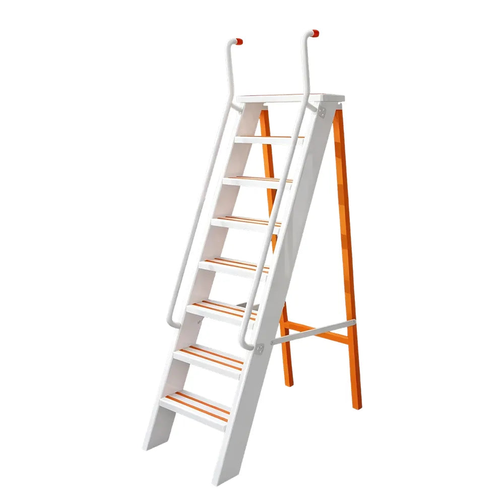 GROVIA Aluminium Alloy 8-Step Folding Ladder - Safety Handrail & Wide Anti-Slip Steps, 1.6m Height for Home Use - White & Orange