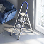 GROVIA Stainless Steel 4-Step Folding Ladder - Full 18cm Wide Aluminium Steps & Anti-Slip Design for Home Use - Turkish Blue