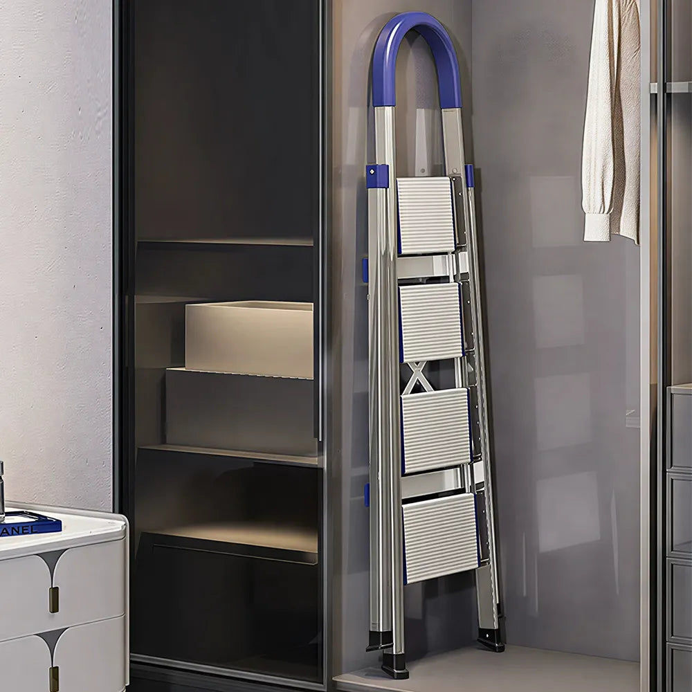 GROVIA Stainless Steel 4-Step Folding Ladder - Full 18cm Wide Aluminium Steps & Anti-Slip Design for Home Use - Turkish Blue