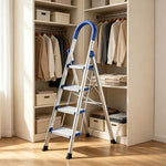 GROVIA Stainless Steel 4-Step Folding Ladder - Full 18cm Wide Aluminium Steps & Anti-Slip Design for Home Use - Turkish Blue