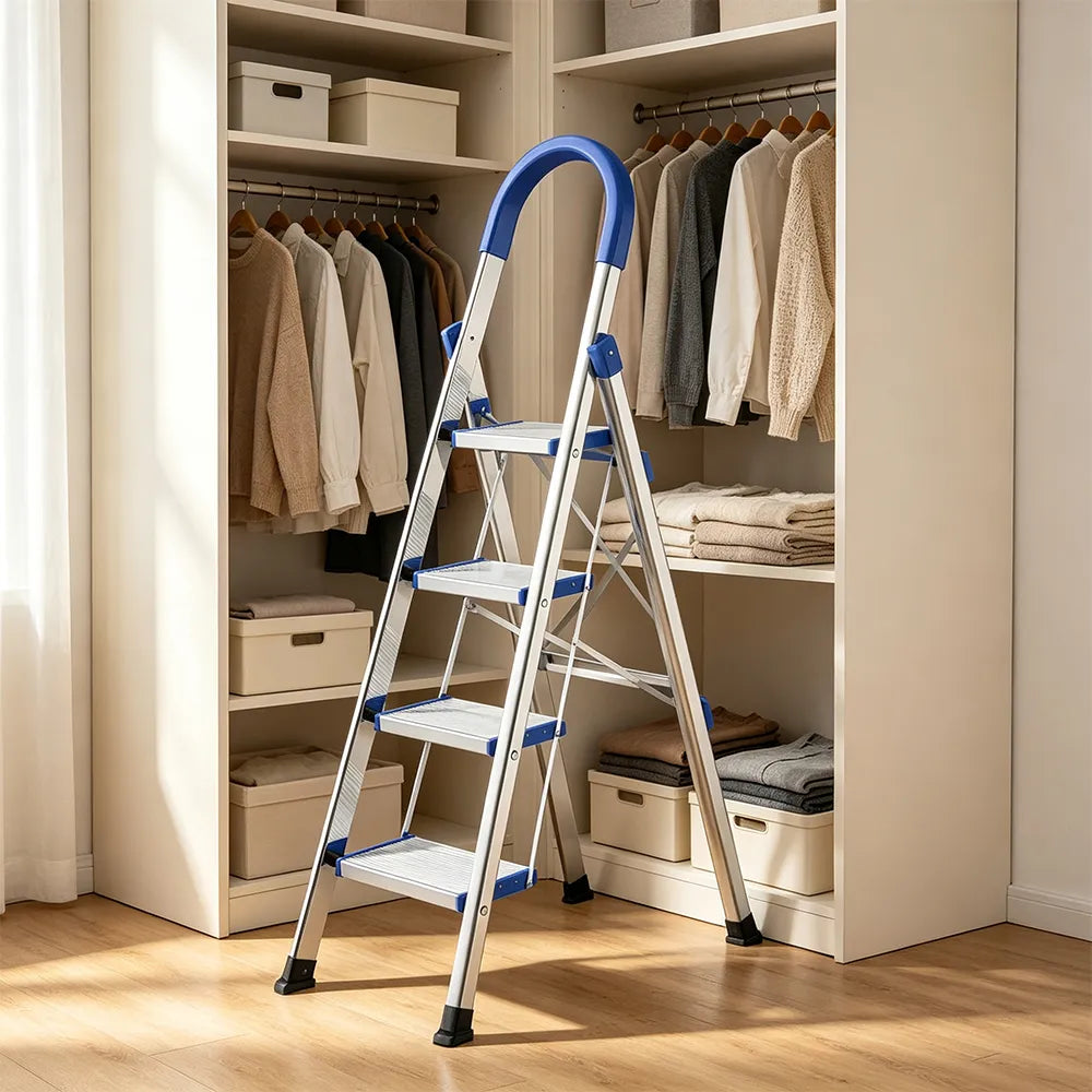 GROVIA Stainless Steel 4-Step Folding Ladder - Full 18cm Wide Aluminium Steps & Anti-Slip Design for Home Use - Turkish Blue