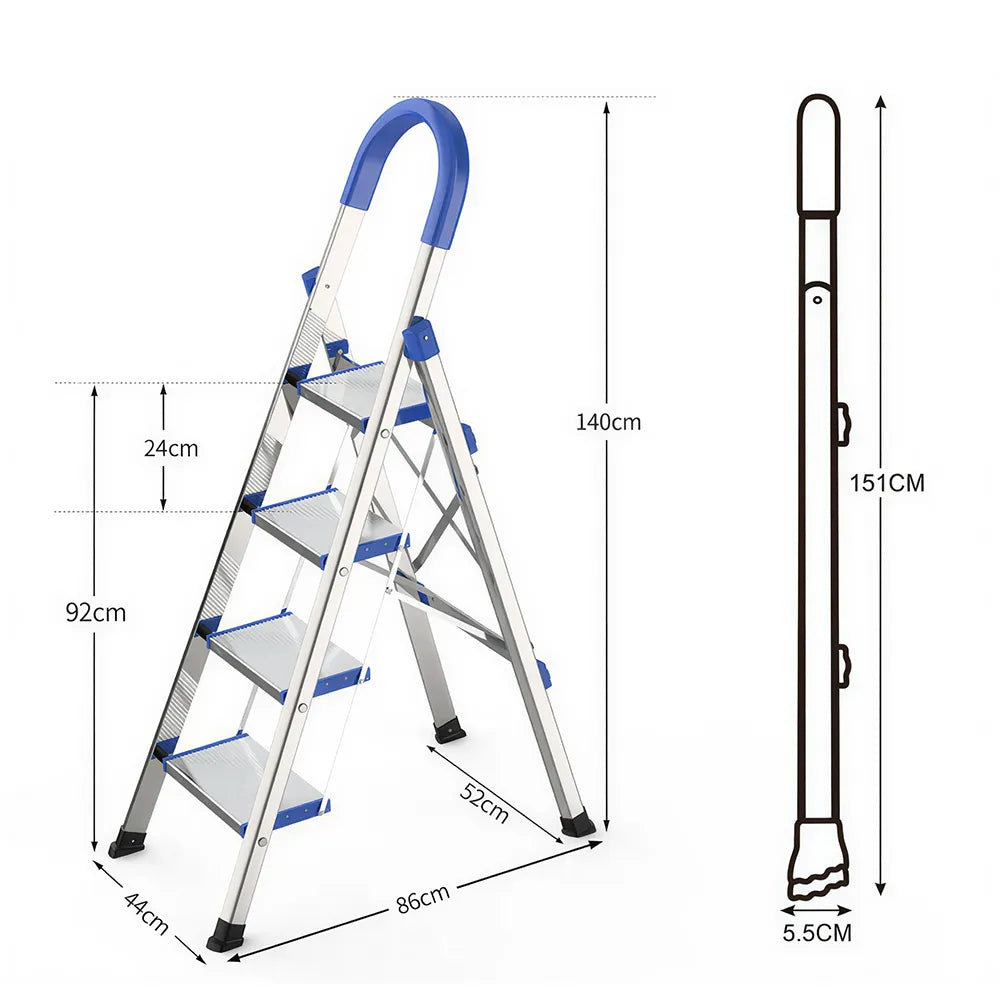 GROVIA Stainless Steel 4-Step Folding Ladder - Full 18cm Wide Aluminium Steps & Anti-Slip Design for Home Use - Turkish Blue