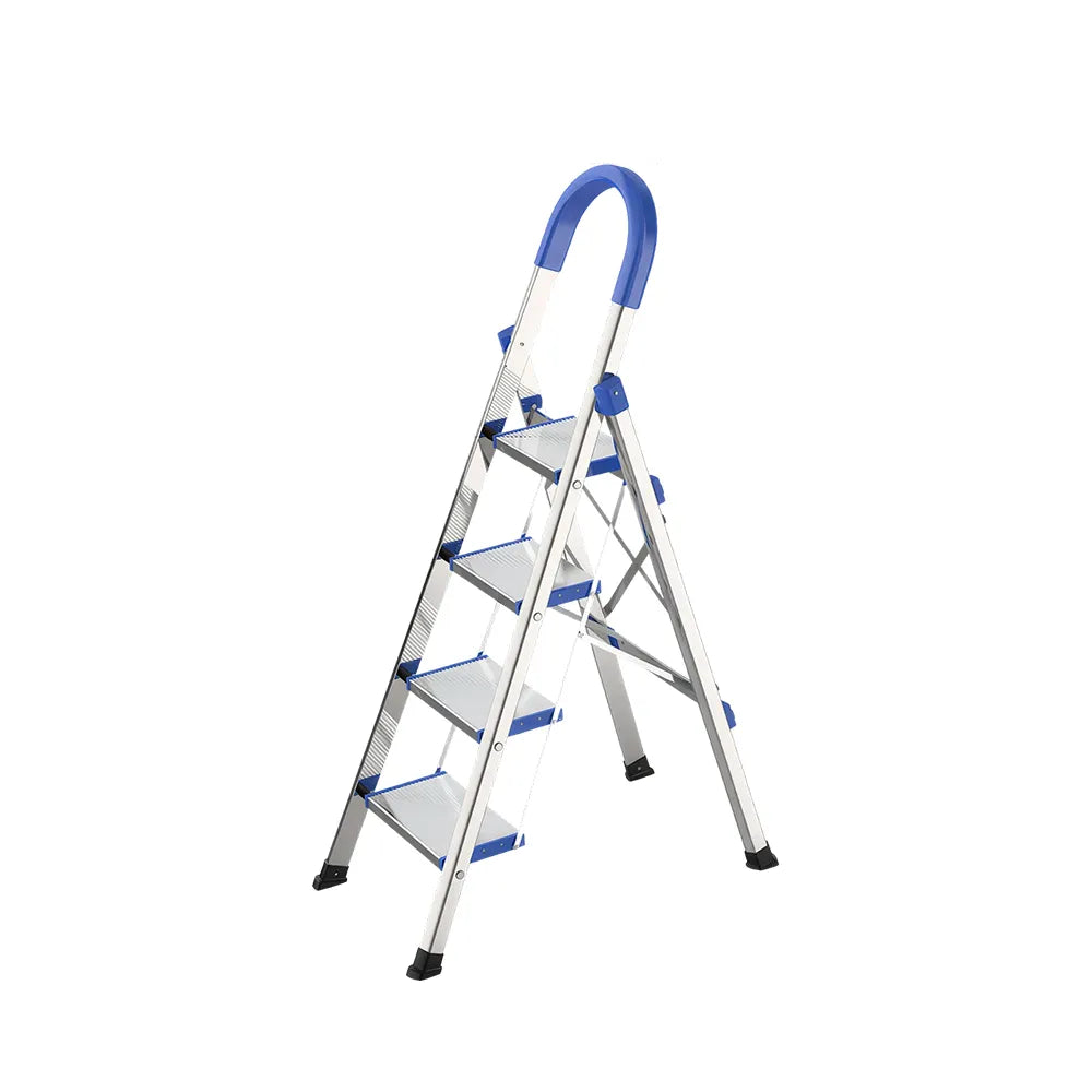 GROVIA Stainless Steel 4-Step Folding Ladder - Full 18cm Wide Aluminium Steps & Anti-Slip Design for Home Use - Turkish Blue