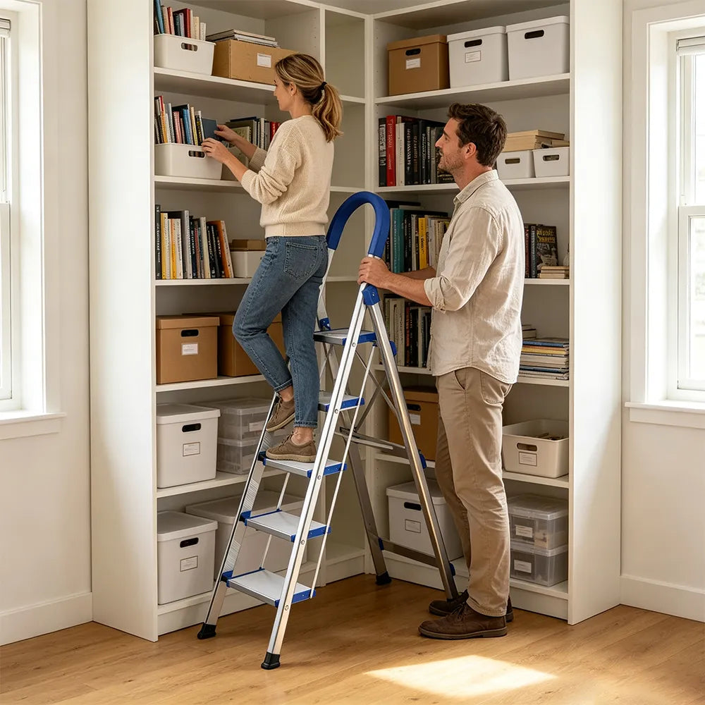 GROVIA Stainless Steel 5-Step Folding Ladder - Full 18cm Wide Steps & Anti-Slip Design for Home Use - Turkish Blue