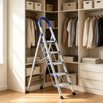 GROVIA Stainless Steel 5-Step Folding Ladder - Full 18cm Wide Steps & Anti-Slip Design for Home Use - Turkish Blue