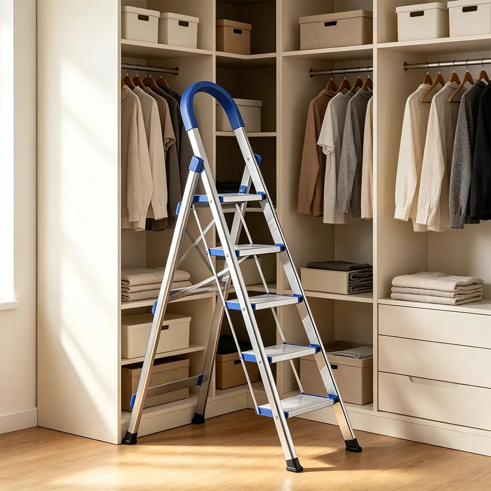 GROVIA Stainless Steel 5-Step Folding Ladder - Full 18cm Wide Steps & Anti-Slip Design for Home Use - Turkish Blue