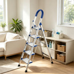 GROVIA Stainless Steel 5-Step Folding Ladder - Full 18cm Wide Steps & Anti-Slip Design for Home Use - Turkish Blue
