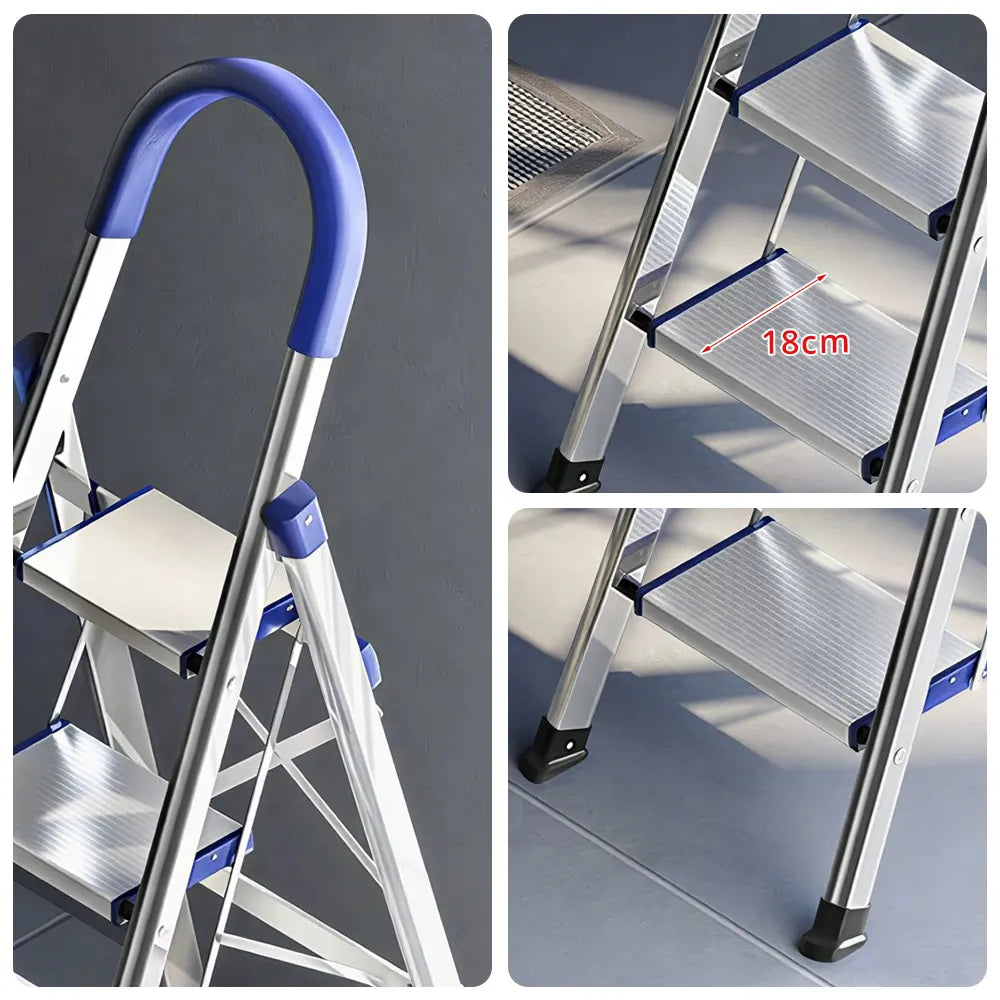 GROVIA Stainless Steel 5-Step Folding Ladder - Full 18cm Wide Steps & Anti-Slip Design for Home Use - Turkish Blue