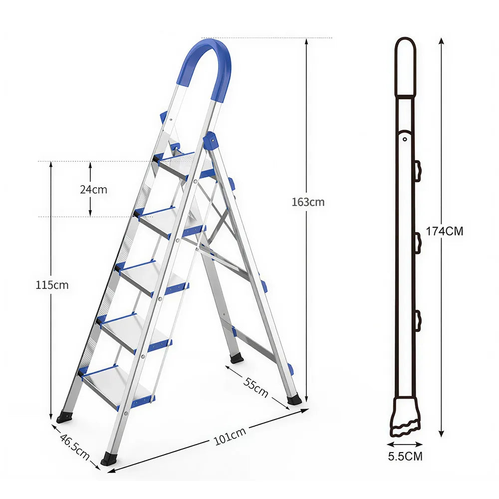 GROVIA Stainless Steel 5-Step Folding Ladder - Full 18cm Wide Steps & Anti-Slip Design for Home Use - Turkish Blue