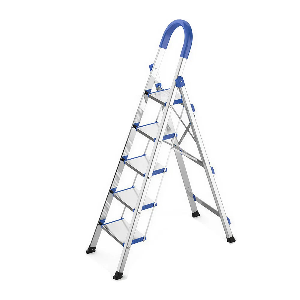 GROVIA Stainless Steel 5-Step Folding Ladder - Full 18cm Wide Steps & Anti-Slip Design for Home Use - Turkish Blue