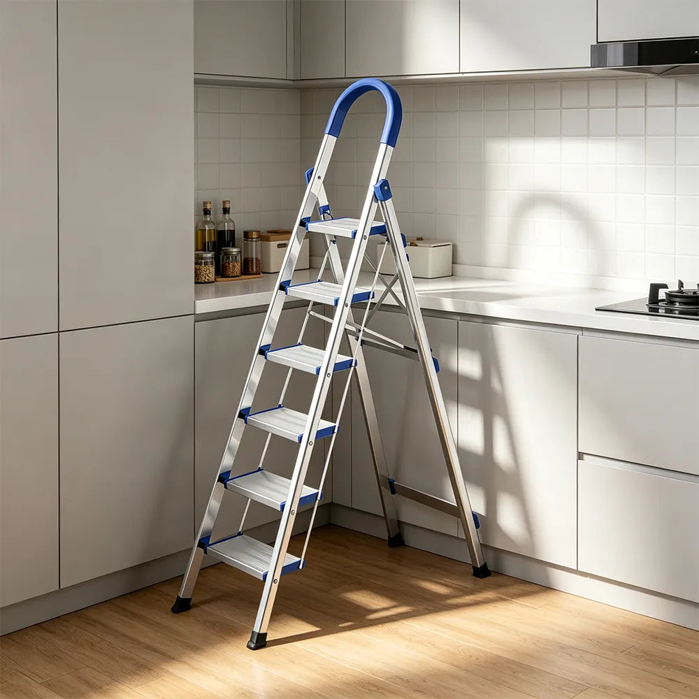 GROVIA Stainless Steel 6-Step Folding Ladder - Full 18cm Wide Steps & Anti-Slip Design for Home Use - Turkish Blue