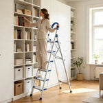 GROVIA Stainless Steel 6-Step Folding Ladder - Full 18cm Wide Steps & Anti-Slip Design for Home Use - Turkish Blue