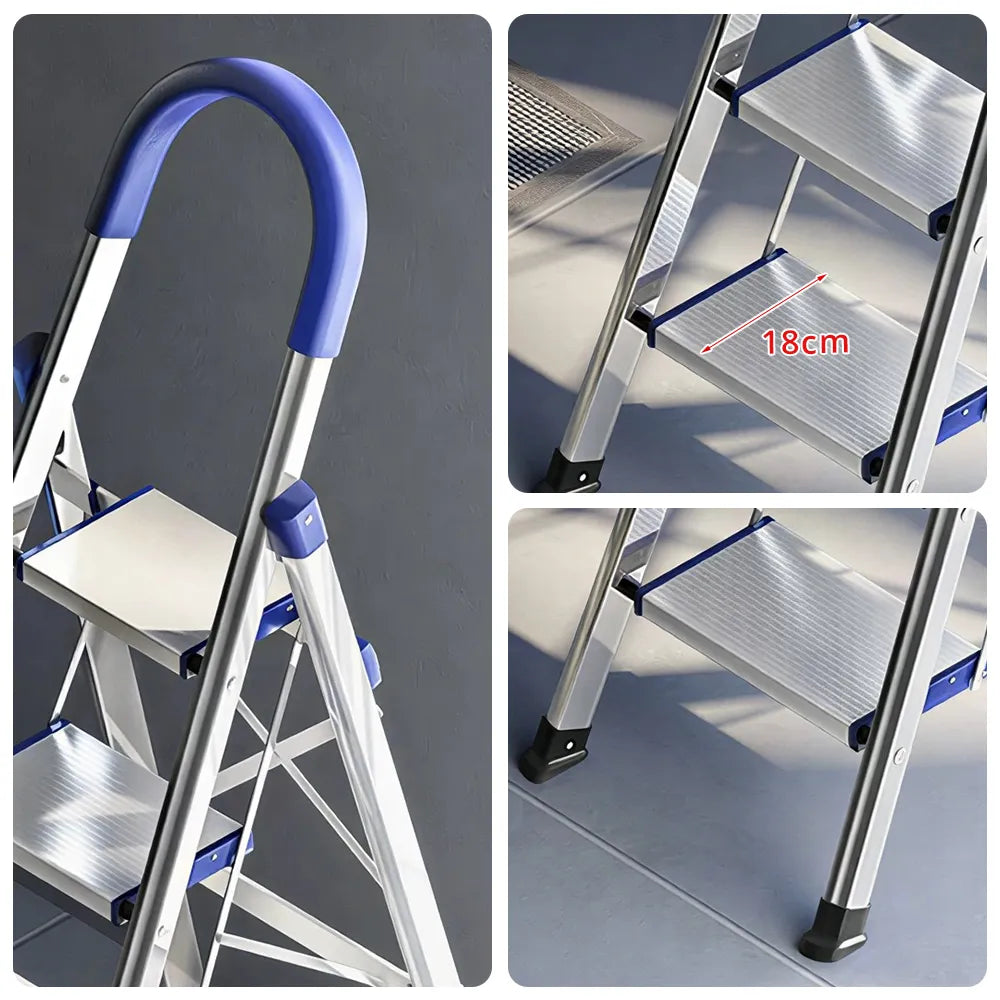 GROVIA Stainless Steel 6-Step Folding Ladder - Full 18cm Wide Steps & Anti-Slip Design for Home Use - Turkish Blue