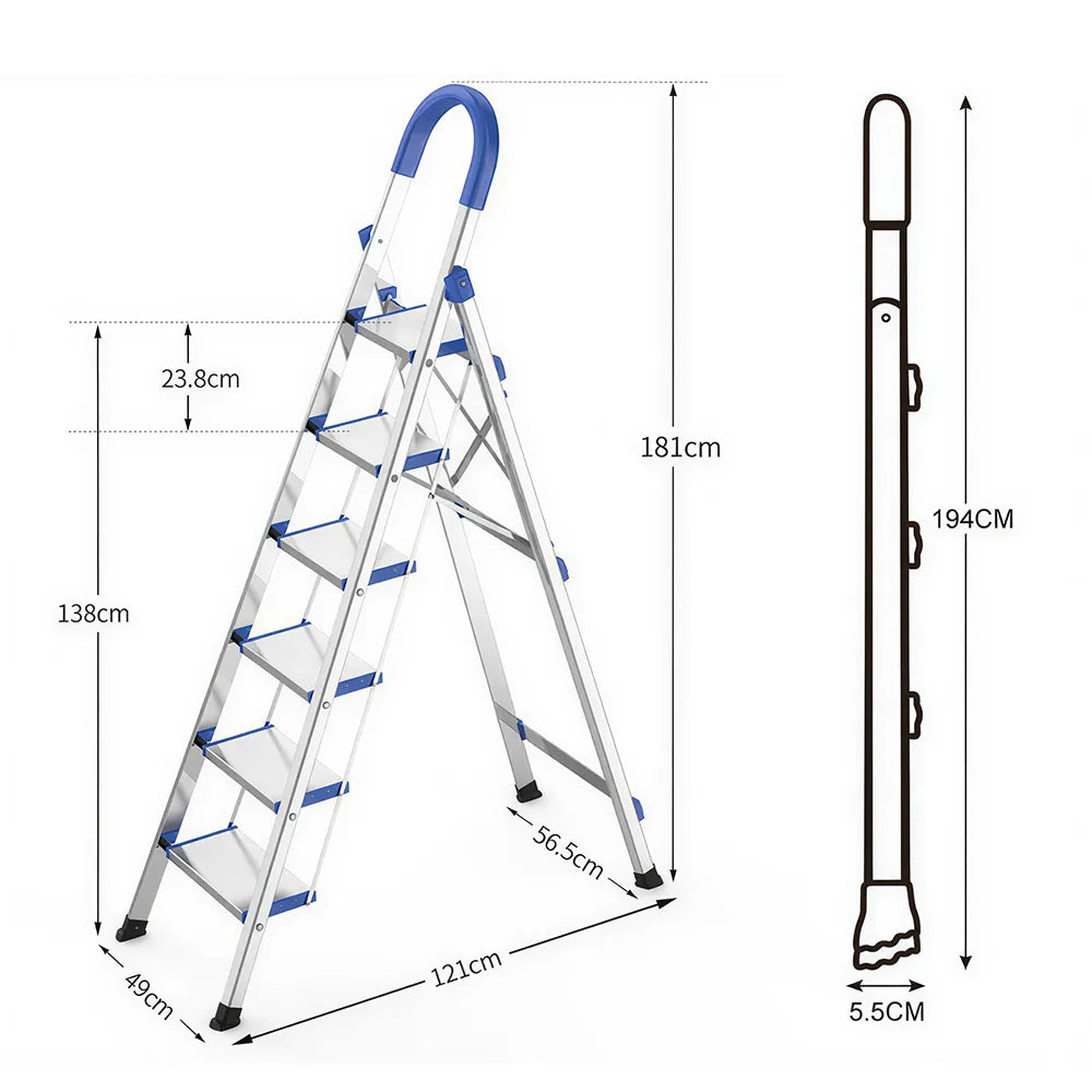 GROVIA Stainless Steel 6-Step Folding Ladder - Full 18cm Wide Steps & Anti-Slip Design for Home Use - Turkish Blue
