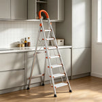 GROVIA Stainless Steel 7-Step Folding Ladder - Full 13cm Wide Steps & Anti-Slip Design for Home Use - Sunset Orange