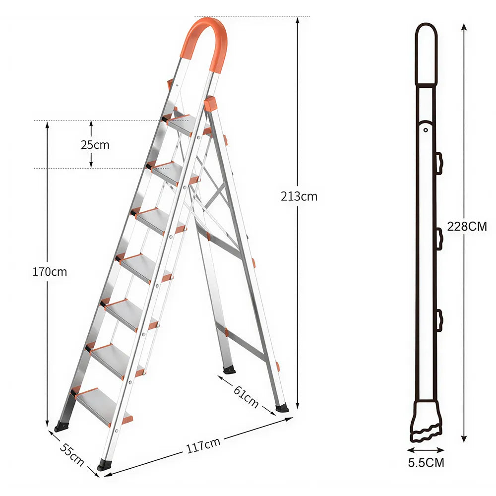 GROVIA Stainless Steel 7-Step Folding Ladder - Full 13cm Wide Steps & Anti-Slip Design for Home Use - Sunset Orange