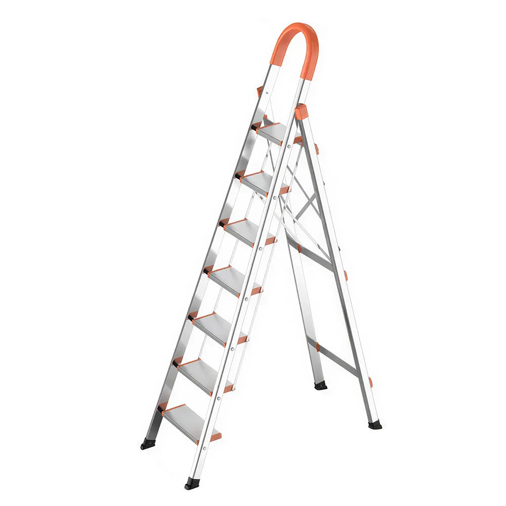 GROVIA Stainless Steel 7-Step Folding Ladder - Full 13cm Wide Steps & Anti-Slip Design for Home Use - Sunset Orange
