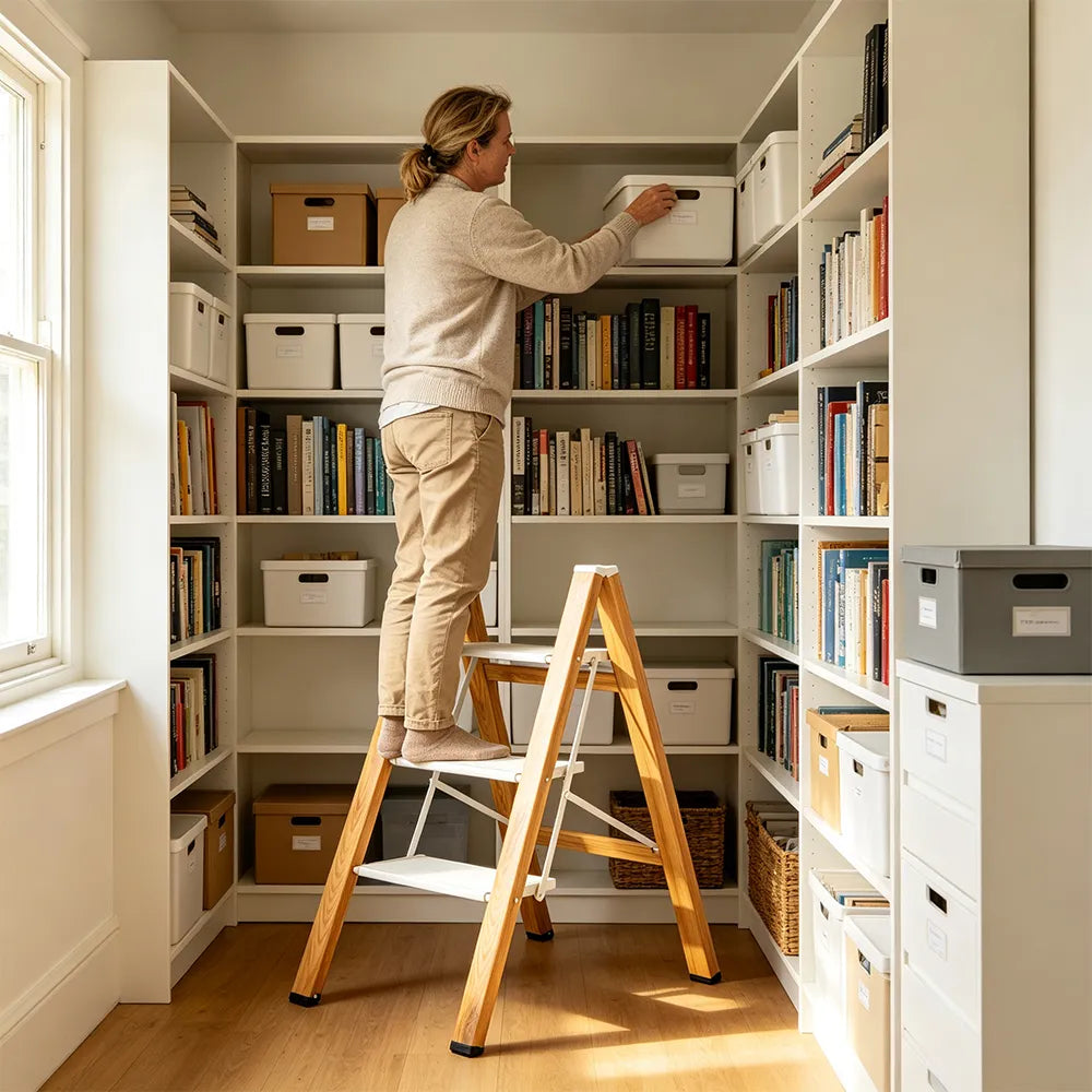 GROVIA Designer Series 3-Step Folding Ladder - Decorative Plant Stand & Storage Shelf, Lightweight Home Step Stool - Spruce White