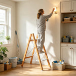 GROVIA Designer Series 4-Step Folding Ladder - Wood Grain Aluminium Frame & Wide Anti-Slip Steps for Home Use - Spruce White