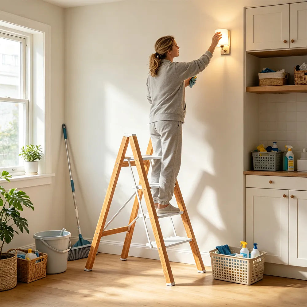 GROVIA Designer Series 4-Step Folding Ladder - Wood Grain Aluminium Frame & Wide Anti-Slip Steps for Home Use - Spruce White