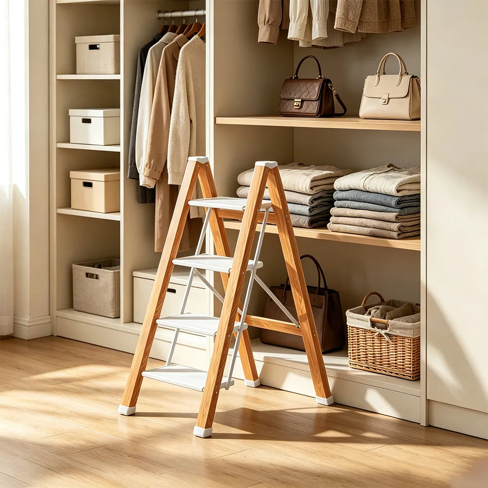 GROVIA Designer Series 4-Step Folding Ladder - Wood Grain Aluminium Frame & Wide Anti-Slip Steps for Home Use - Spruce White