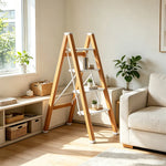 GROVIA Designer Series 4-Step Folding Ladder - Wood Grain Aluminium Frame & Wide Anti-Slip Steps for Home Use - Spruce White