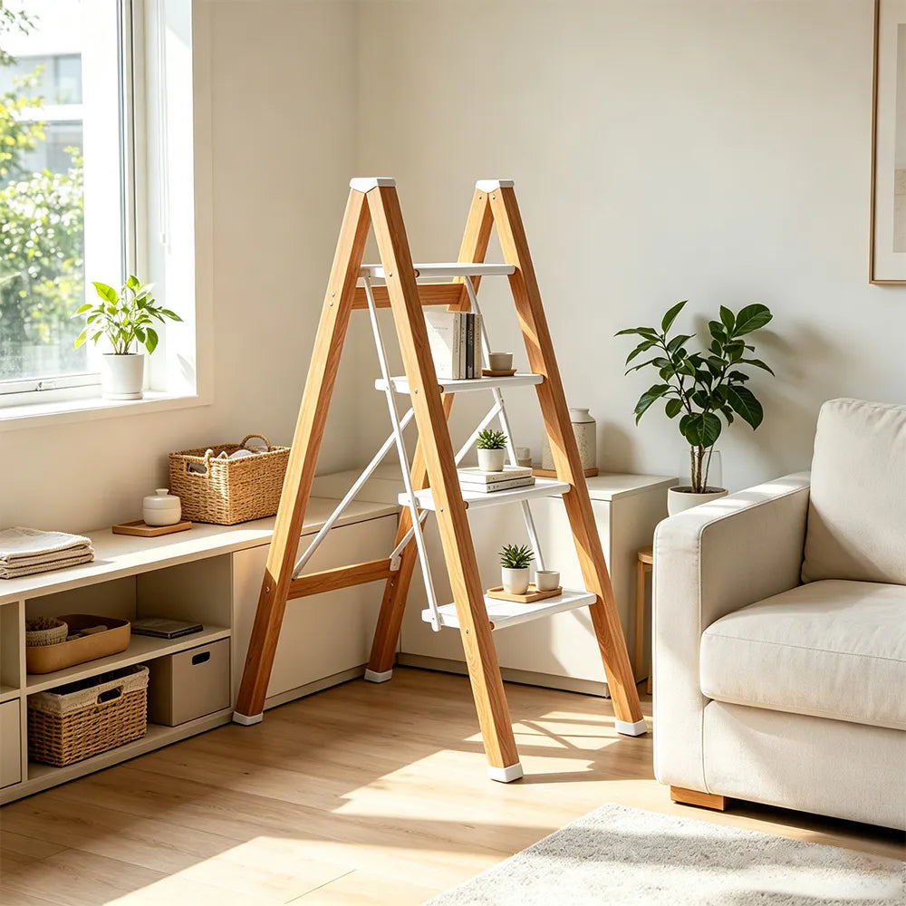 GROVIA Designer Series 4-Step Folding Ladder - Wood Grain Aluminium Frame & Wide Anti-Slip Steps for Home Use - Spruce White