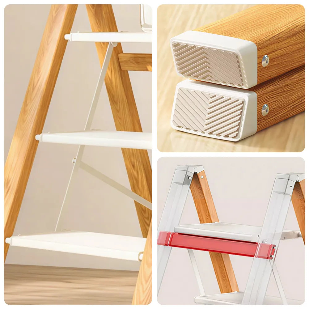 GROVIA Designer Series 4-Step Folding Ladder - Wood Grain Aluminium Frame & Wide Anti-Slip Steps for Home Use - Spruce White