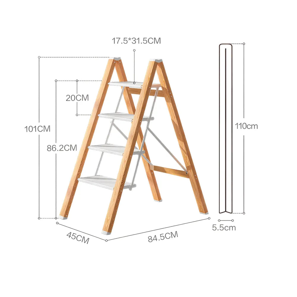 GROVIA Designer Series 4-Step Folding Ladder - Wood Grain Aluminium Frame & Wide Anti-Slip Steps for Home Use - Spruce White