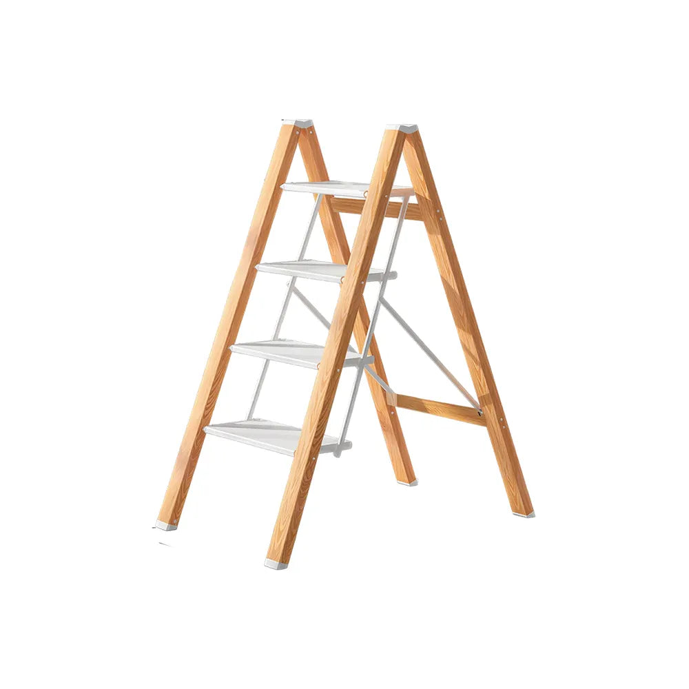 GROVIA Designer Series 4-Step Folding Ladder - Wood Grain Aluminium Frame & Wide Anti-Slip Steps for Home Use - Spruce White